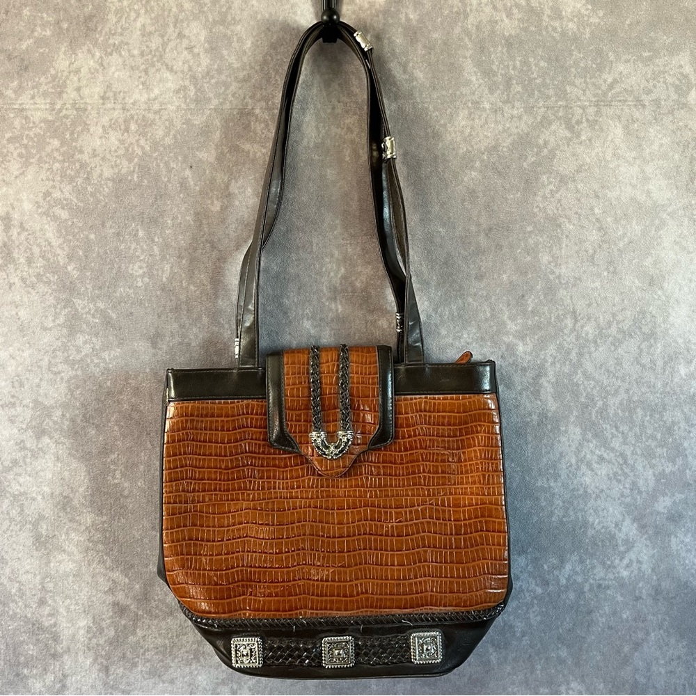 Vintage Brighton Bag Croc Leather Shoulder Hand Purse Brown / Black 10 x 12‎ x 5